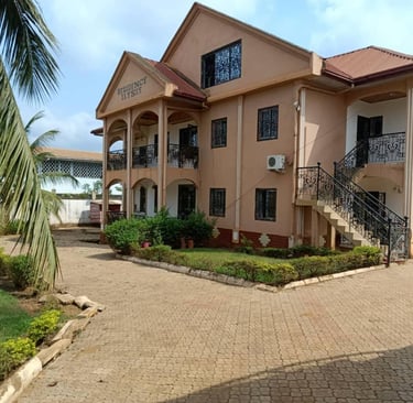 Résidence de luxe à louer à Yaoundé, maison d'hôtes ocre avec palmiers et allée pavée.