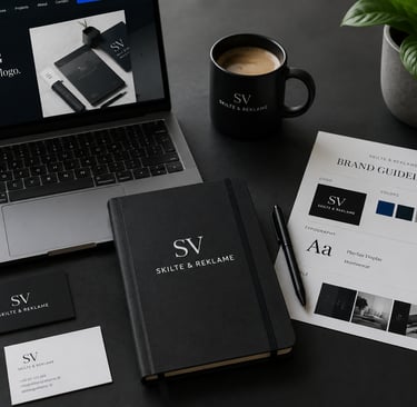 Professional branding and visual identity workspace with laptop, brand guidelines, business cards and modern design