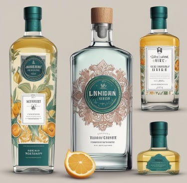 A close-up photo of a sleek gin bottle with a botanical label, surrounded by fresh herbs and citrus slices.