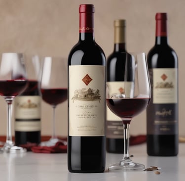 A vibrant photograph of a deep red Merlot bottle next to a glass filled with rich red wine on a wooden table.