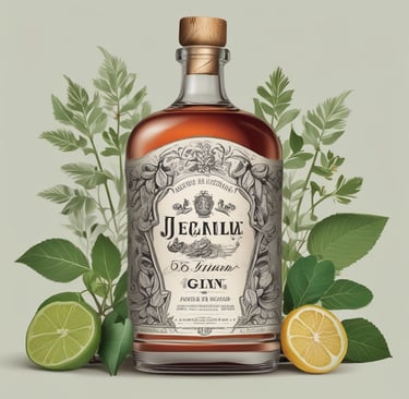 A close-up photo of a sleek gin bottle with a botanical label, surrounded by fresh herbs and citrus slices.