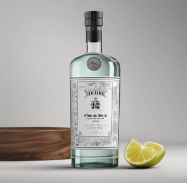 A close-up photo of a sleek gin bottle with a botanical label, surrounded by fresh herbs and citrus slices.