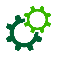 Two interlocking green mechanical gear wheels representing process optimization and industrial automation.