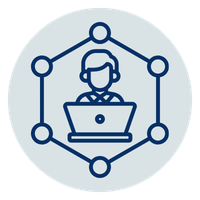 Professional icon of a remote worker at a laptop inside a networking hexagon.