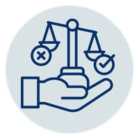 Hand holding a balance scale icon with checkmark and cross symbols representing legal justice.