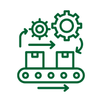 Green line icon of manufacturing conveyor belt with boxes and gears for industrial automation.