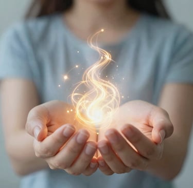 Close-up of hands gently holding glowing energy or light, representing healing.