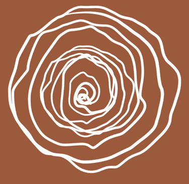 Ilustración de líneas blancas formando un motivo circular en espiral sobre un fondo marrón terracota