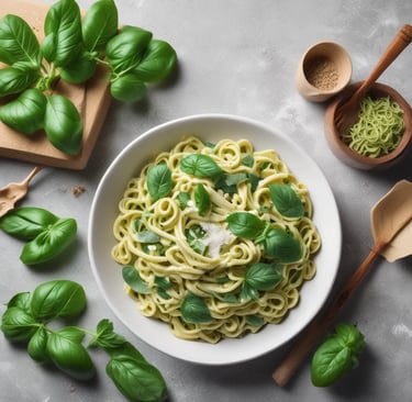 Green creamy pasta with basil leaves, fresh bright background.