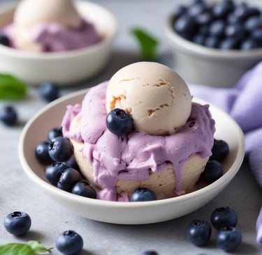 Purple blueberry vanilla ice cream with fresh blueberries on top