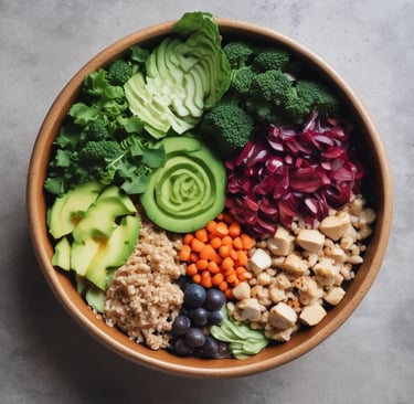 Perfectly arranged Buddha bowl, overhead shot, calm wellness aesthetic.