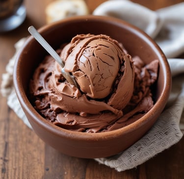 Chocolate ice cream with a swirl of peanut butter in a rustic bowl