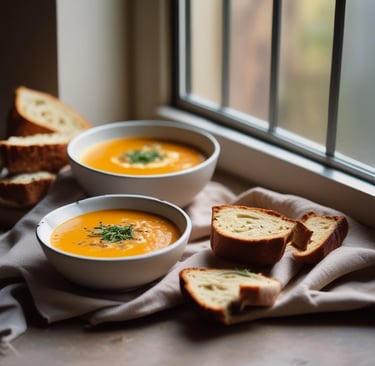 Warm bowl of red lentil soup with coconut swirl, bread on side, cozy window light.