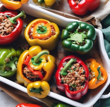 Colorful stuffed peppers in baking dish, oven-fresh look.