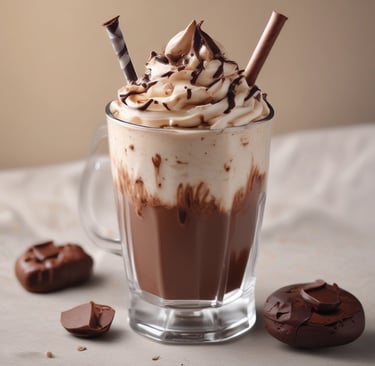 a cup of chocolate milk with whipped cream and chocolate chips