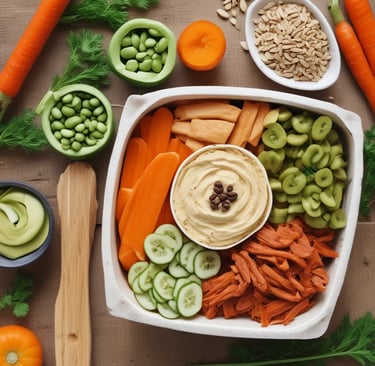 a plate of hummus, carrots, and pita bread