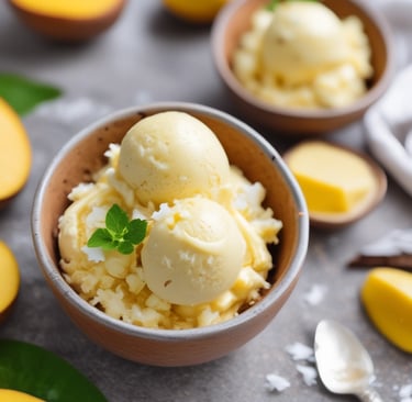 Bright yellow mango coconut ice cream in a bowl with coconut flakes