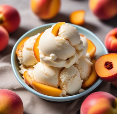 Creamy peach ice cream with peach slices in soft summer light
