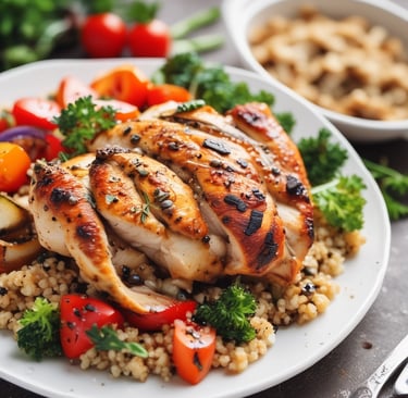 a close up of chicken on a grill with a fork