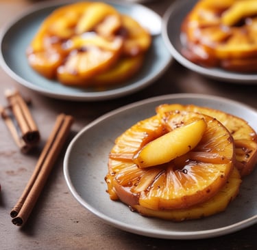 Caramelized pineapple slices with cinnamon on a bright plate