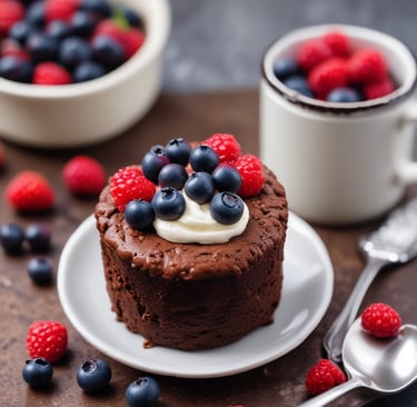 A mug filled with fluffy chocolate mug cake topped with berries