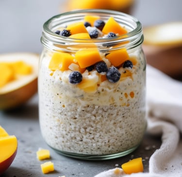 A glass jar of creamy chia pudding topped with bright mango cubes and coconut flakes