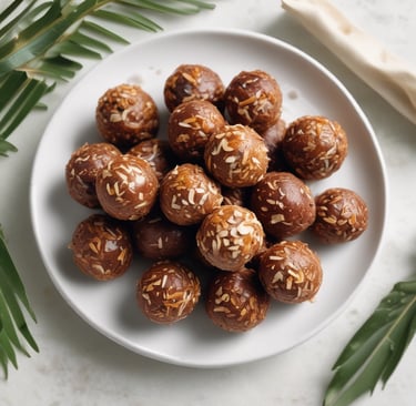 Chewy coconut date balls on a minimal white plate