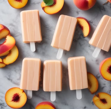 Peach yogurt popsicles on a marble slab with sliced peaches