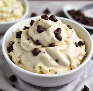 Creamy vanilla nice cream with dark chocolate chips in a white bowl