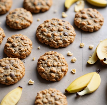 Soft banana oat cookies on parchment paper with oats and sliced bananas around