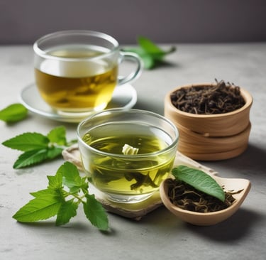 Dried green tea leaves with a sword-like shape