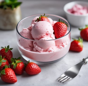 A pink strawberry yogurt ice cream scoop in a glass bowl with fresh strawberries around