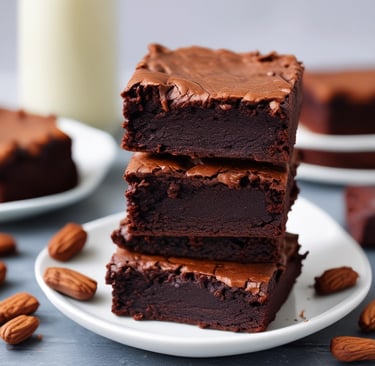 Fudgy almond flour brownies stacked on a plate