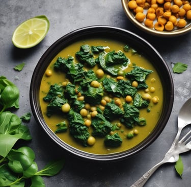 Bright green spinach chickpea curry with herbs, glossy sauce texture.