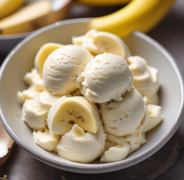 A bowl of creamy banana ice cream topped with banana slices in bright natural light