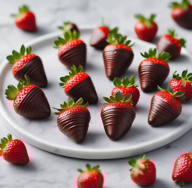 Glossy chocolate-dipped strawberries on a marble plate