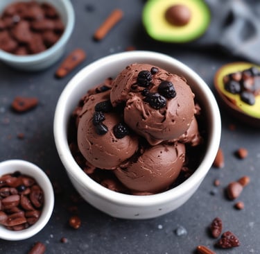 Rich dark chocolate avocado ice cream in a small bowl, topped with cacao nibs