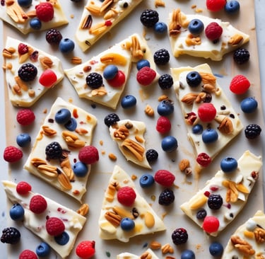 Colorful yogurt bark pieces with berries and nuts on parchment paper
