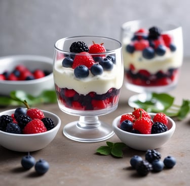 Elegant glass cups filled with ricotta and mixed berries