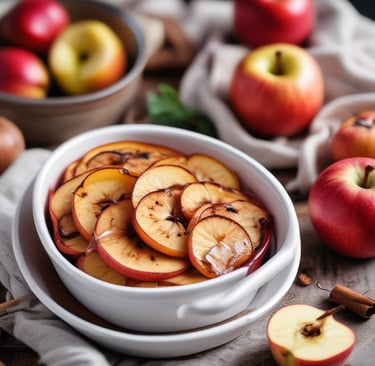 Warm baked apples in a white dish with cinnamon on top, cozy rustic table