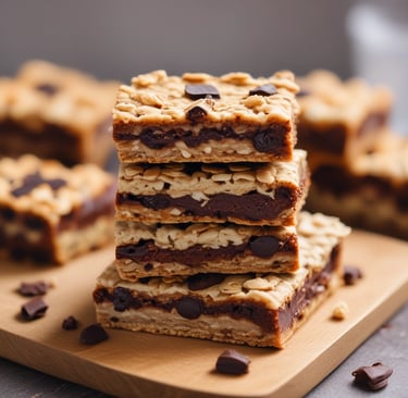 Oatmeal chocolate bars stacked on a wooden board