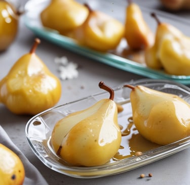 Soft baked pears drizzled with honey in a glass dish