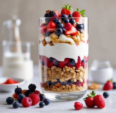 A tall glass parfait layered with yogurt, fresh berries, and crunchy granola in a bright kitchen