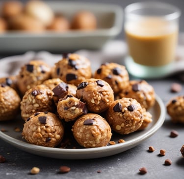 A plate of peanut butter energy balls with oats and mini dark chocolate chips, neutral clean backgro