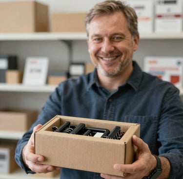 Smiling customer holding a package from velocevibe in a garage setting.