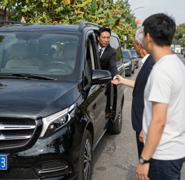Happy pilgrims boarding a clean, modern vehicle preparing for their trip to the holy sites.