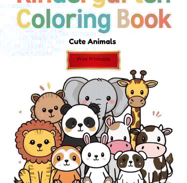 Kindergarten coloring book cover featuring a cute panda, lion, and other animals as a free printable.