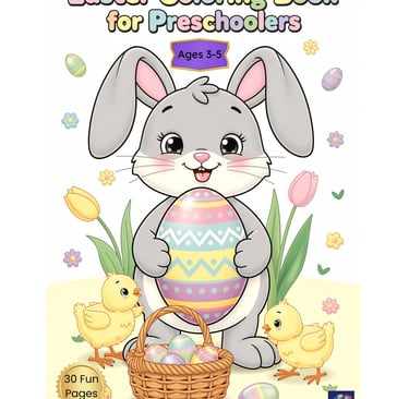 Easter coloring book for preschoolers featuring a cute bunny, chicks, and decorated eggs.