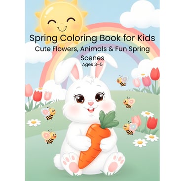 Spring coloring book for kids featuring a cute white bunny holding a carrot with a rainbow and sun.