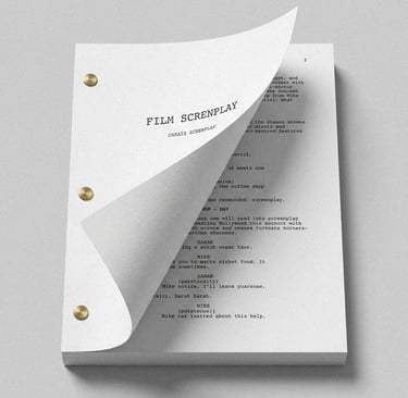 A printed film screenplay script mockup with brass fasteners and a curled title page.